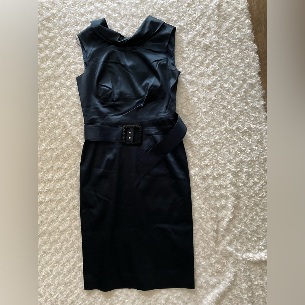 Navy Sleeveless Belted Sheath